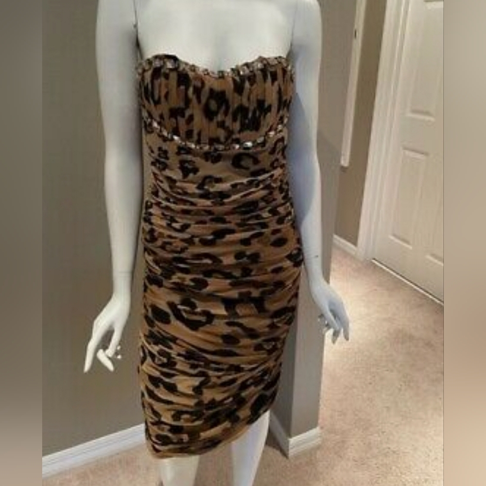 Blumarine silk leopard print jeweled strapless dress Size XS